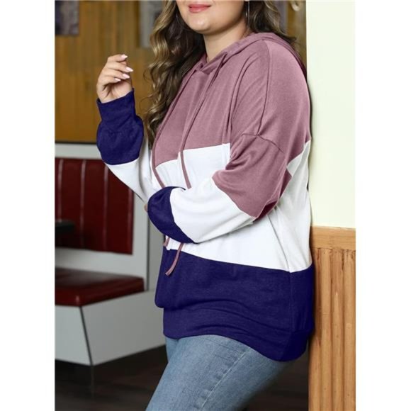 Women Plus Size Hoodies Sweatshirts Long Sleeve Colorblock Drawstring Hooded Top - Picture 3 of 8